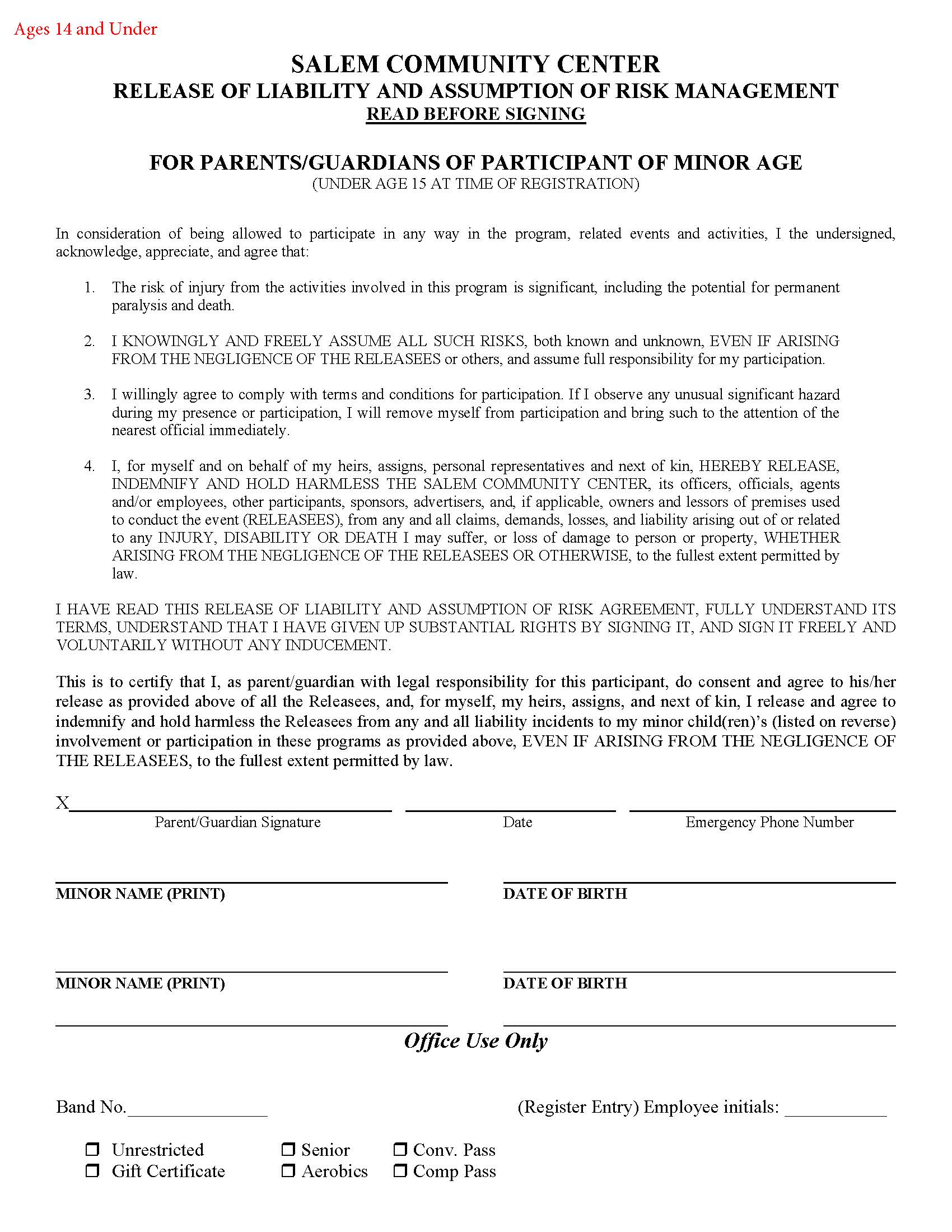 Salem Community Center Party Package Forms